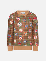 Jungen-Sweatshirt mit Rundhalsausschnitt, Aufnähern und Pied-de-Poule-Print