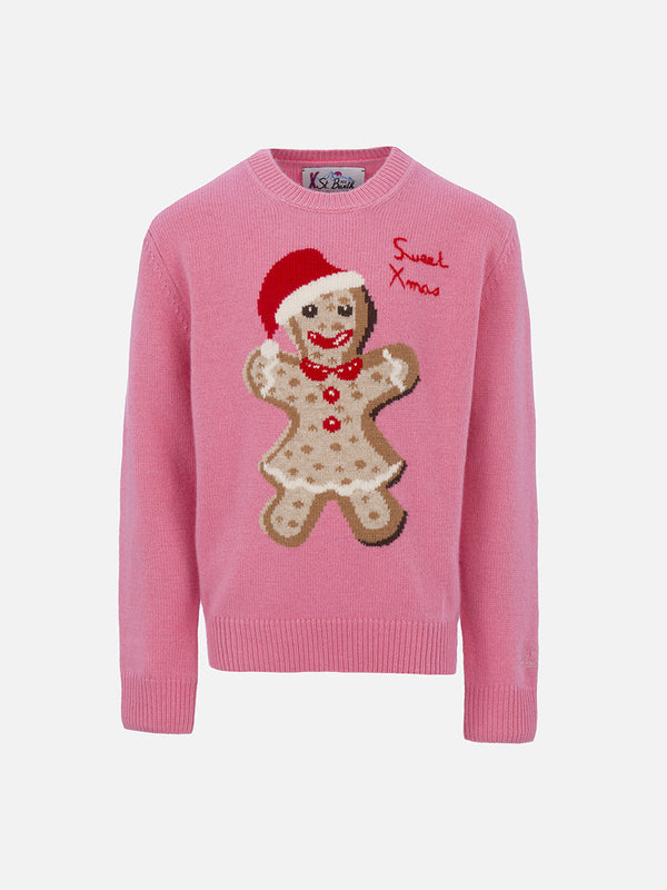 Maglione rosa girocollo da bambina con stampa di pan di zenzero