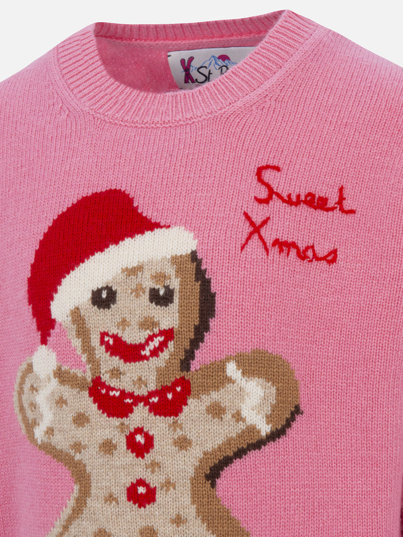 Maglione rosa girocollo da bambina con stampa di pan di zenzero