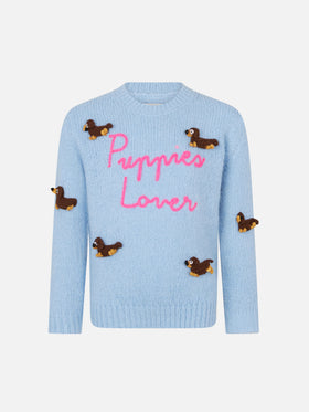 Maglione morbida girocollo da bambina con patch cani all'uncinetto e ricamo Puppies Lover