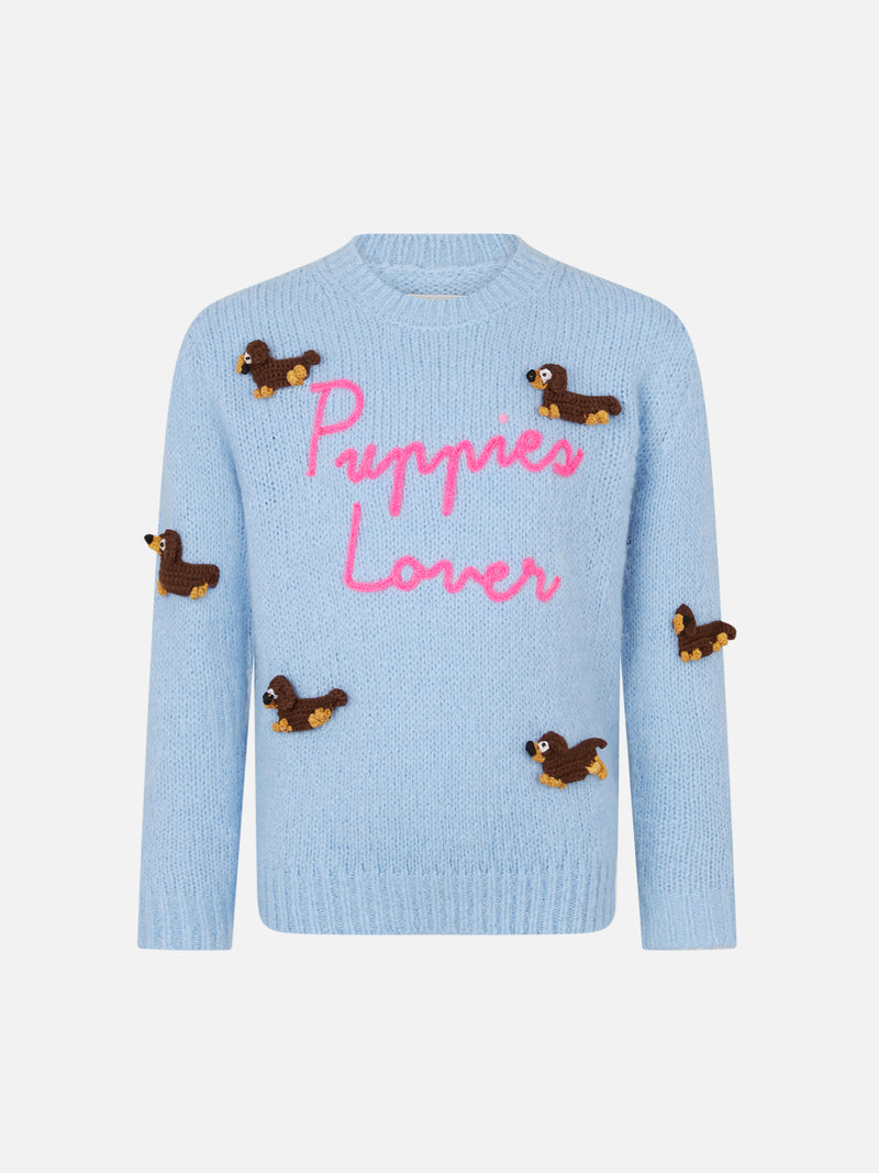 Maglia morbida girocollo da bambina con patch cani all'uncinetto e ricamo Puppies Lover