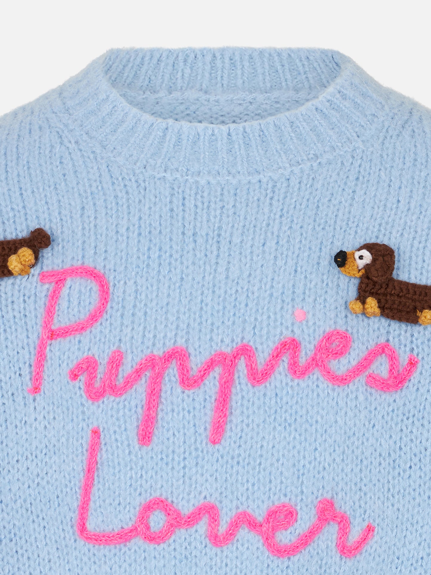 Maglione morbida girocollo da bambina con patch cani all'uncinetto e ricamo Puppies Lover