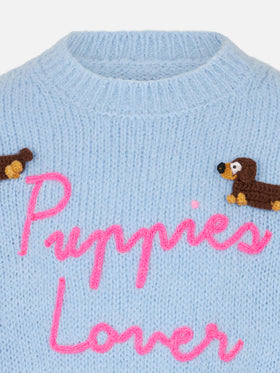 Maglione morbida girocollo da bambina con patch cani all'uncinetto e ricamo Puppies Lover