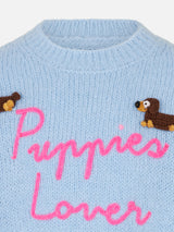 Maglia morbida girocollo da bambina con patch cani all'uncinetto e ricamo Puppies Lover