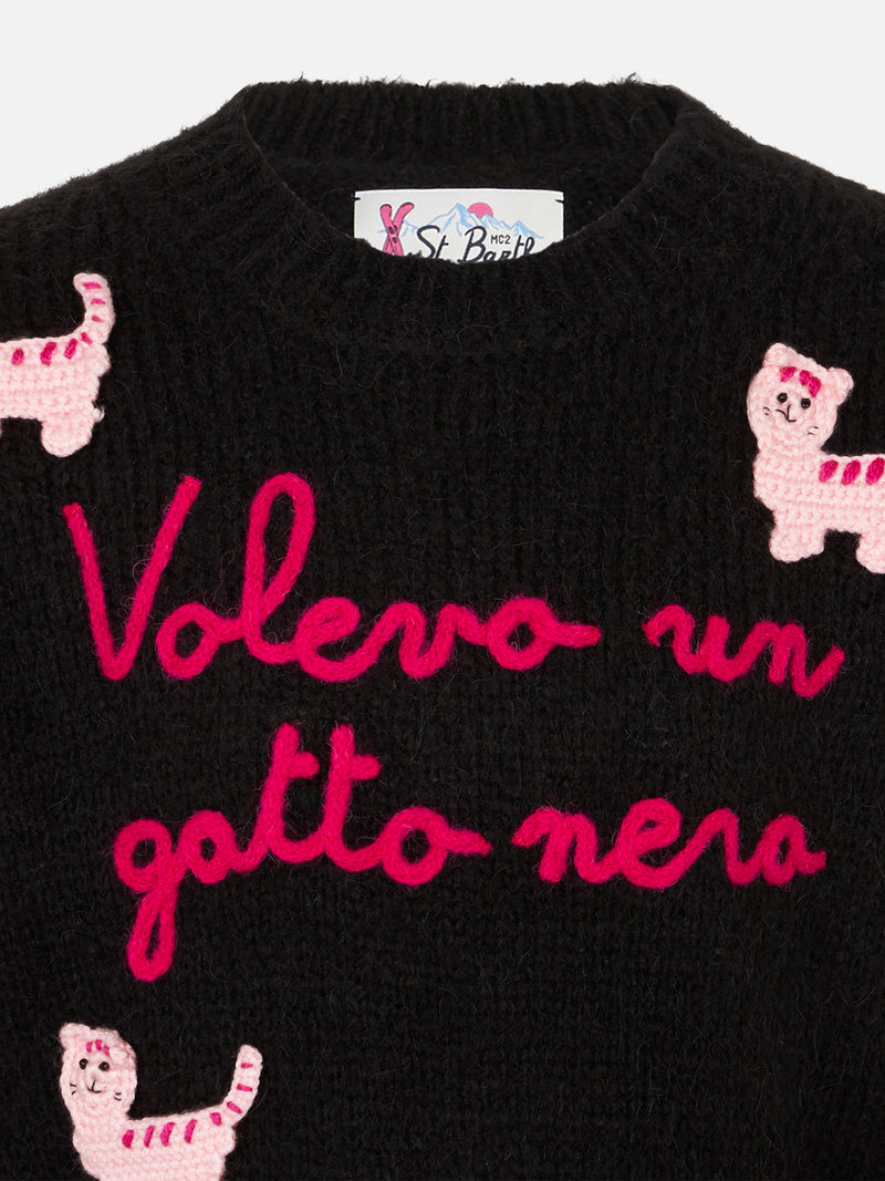 Maglia morbida girocollo da bambina con patch gatti all'uncinetto e ricamo Volevo un Gatto Nero