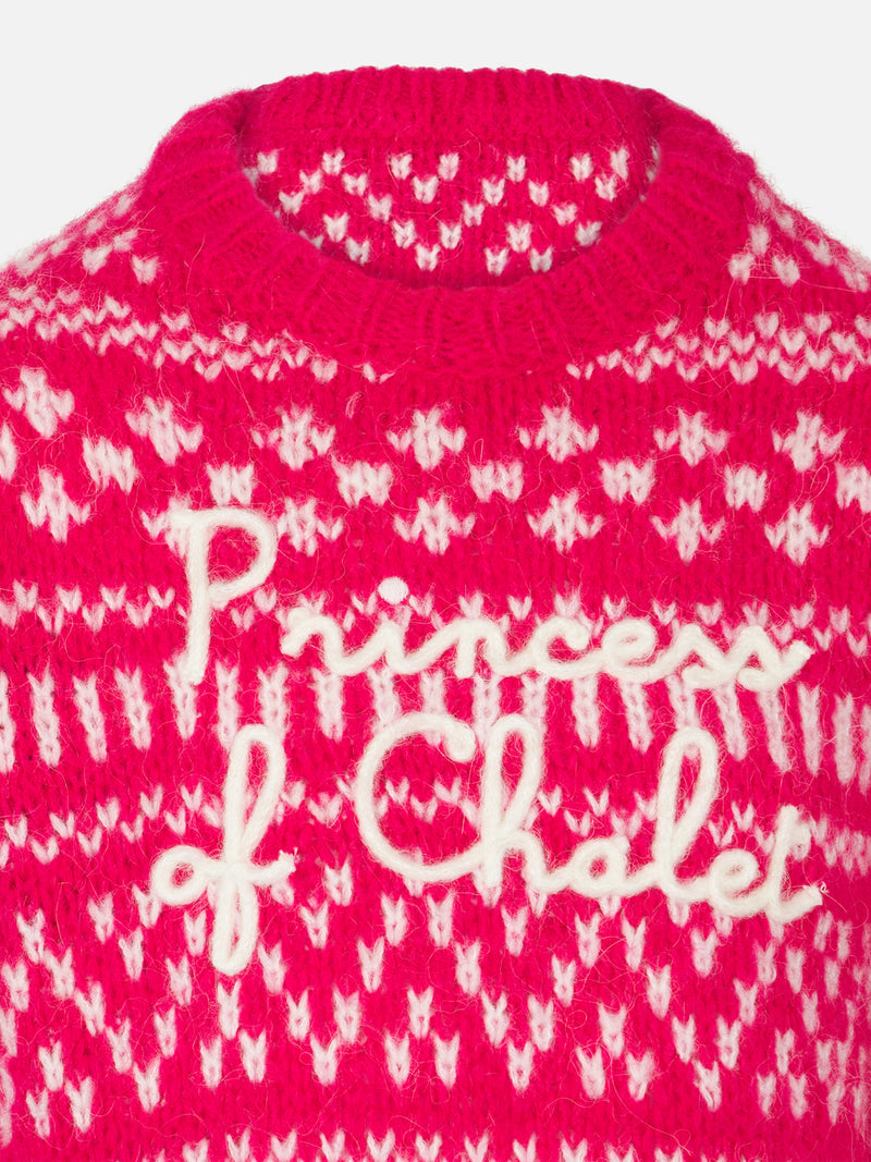 Weicher Mädchenpullover mit Rundhalsausschnitt, Fair-Isle-Print und Princess of Chalet-Stickerei