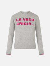 Maglia da donna girocollo grigia con stampa La Vedo Grigia...