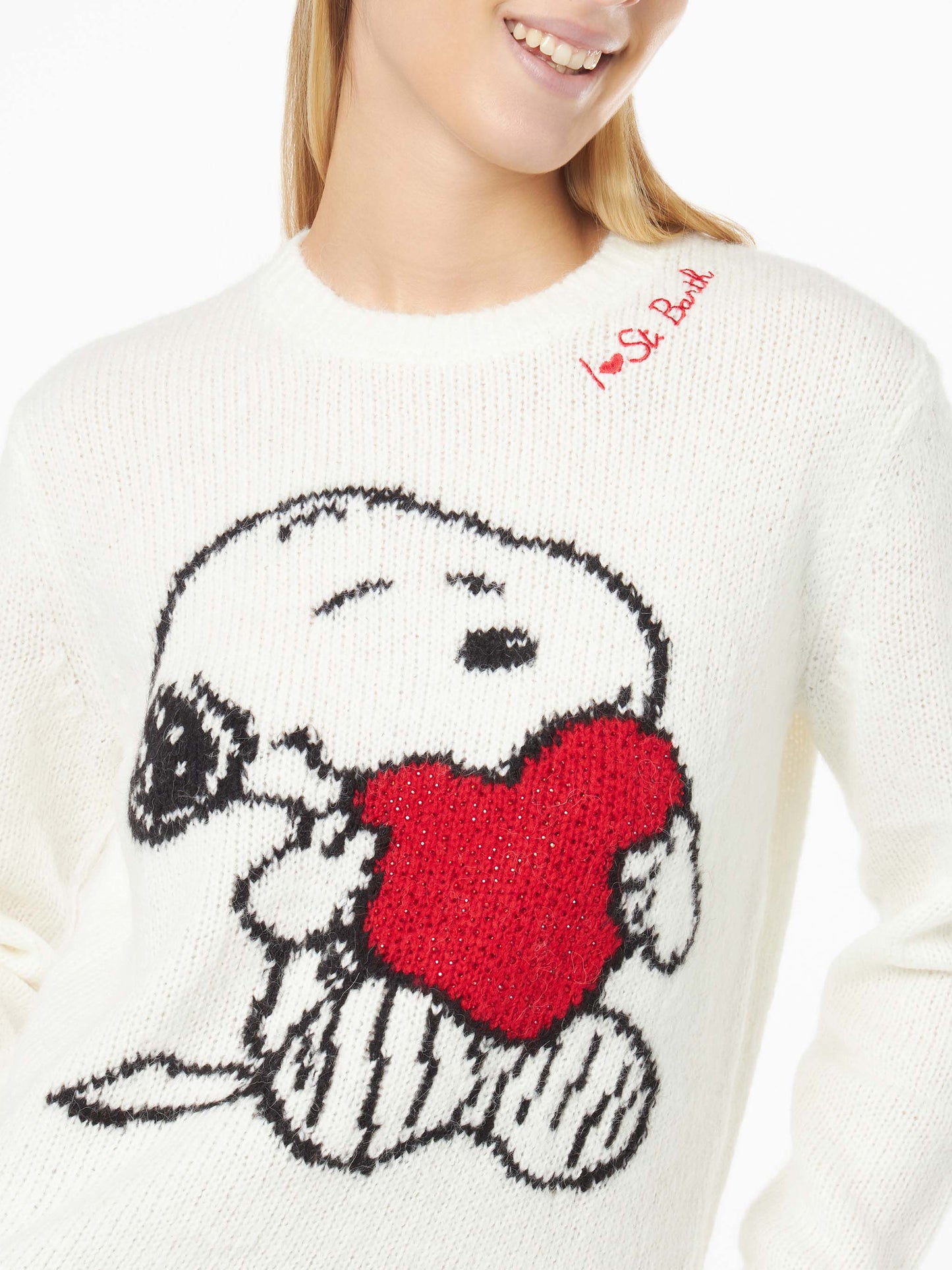 Damenpullover mit Snoopy- und Woodstock-Jacquard sowie Herz aus Strass | SNOOPY PEANUTS™ SPECIAL EDITION 
