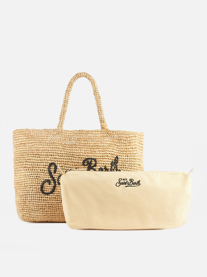 Beige Strandtasche aus Raffiabast mit Baumwollbeutel