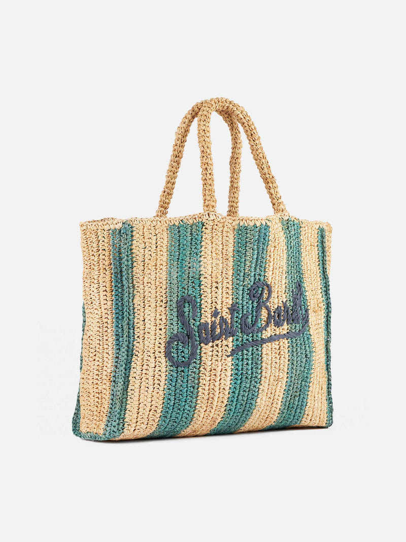 Hellblau gestreifte Raffia-Strandtasche mit Baumwollbeutel