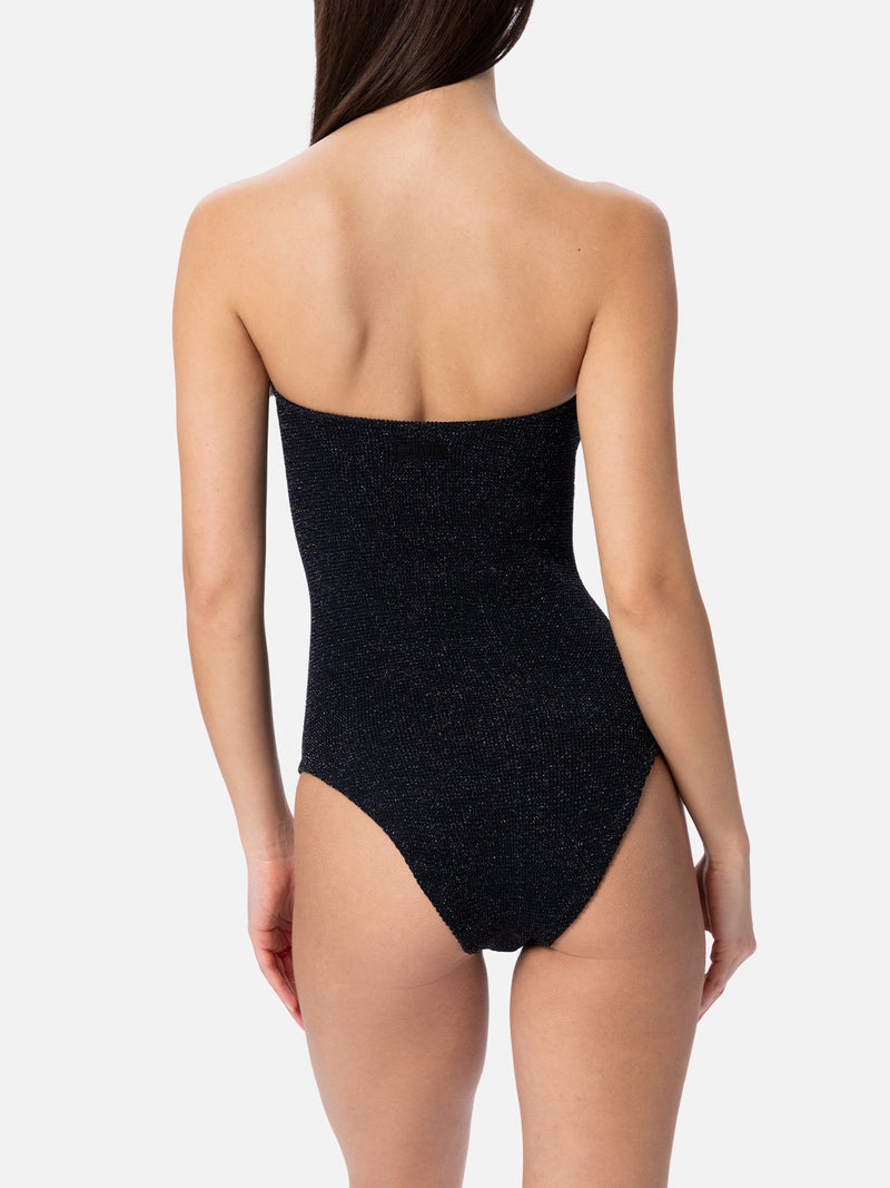 Woman black lurex strapless one piece swimsuit Soleil