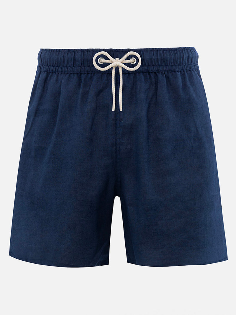 Man mid-length navy blue linen swim-shorts Gustavia