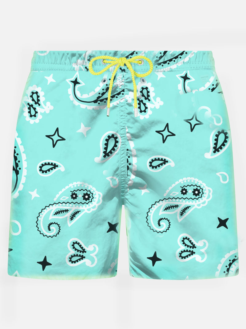 Man light fabric swim shorts with water green paisley print