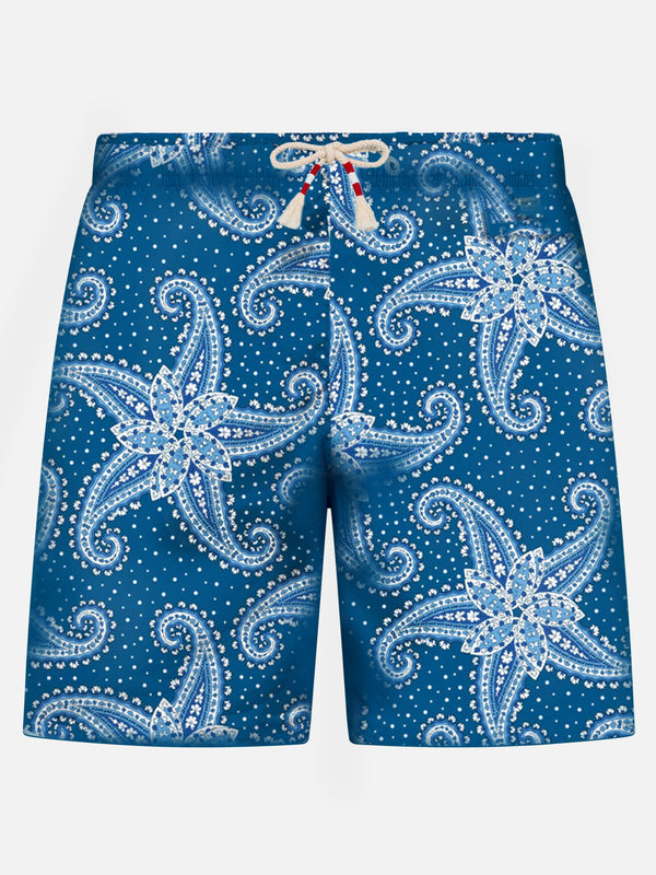 Costume da bagno da uomo in tessuto leggero con stampa paisley blu