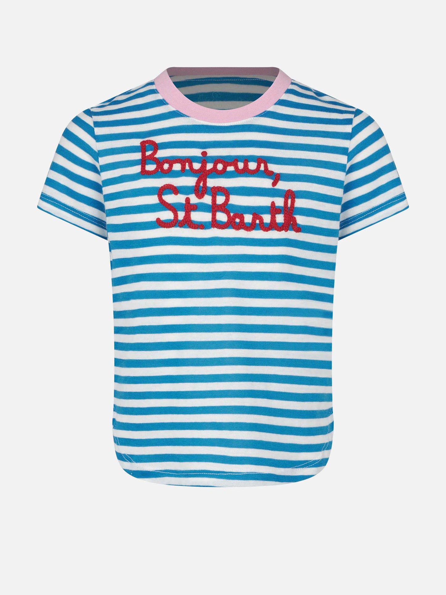 Gestreiftes Mädchen-T-Shirt mit Bonjour St. Barth-Stickerei