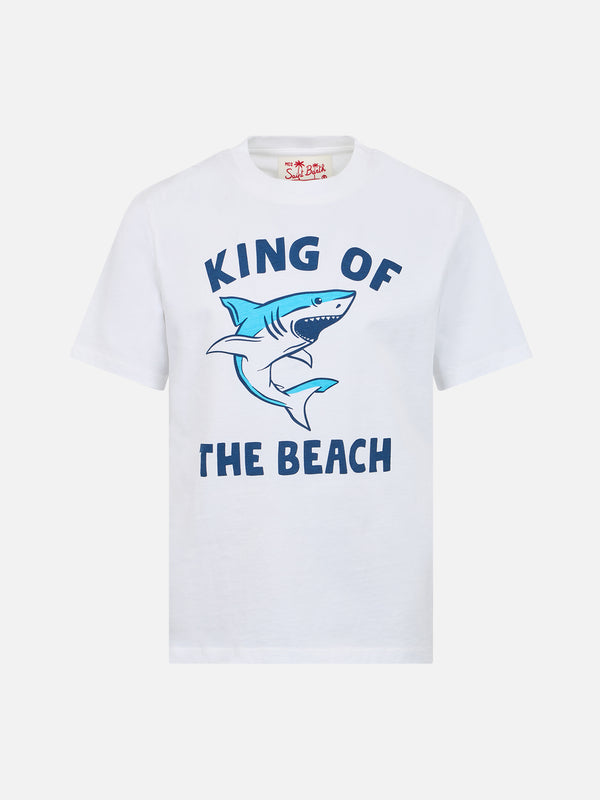 T-shirt da bambino in cotone con stampa dello squalo King of the Beach