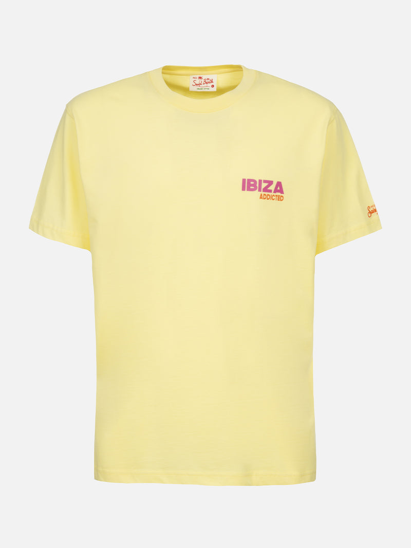 Man cotton t-shirt with Ibiza Addicted postcard placed print