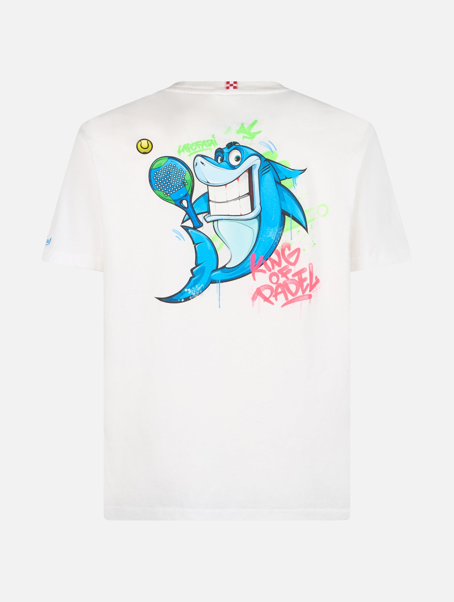 Herren-Baumwoll-T-Shirt mit platziertem Aufdruck „Crypto Marionetten Shark Padel“ auf Vorder- und Rückseite | CRYPTO PUPPETS SONDERAUSGABE
