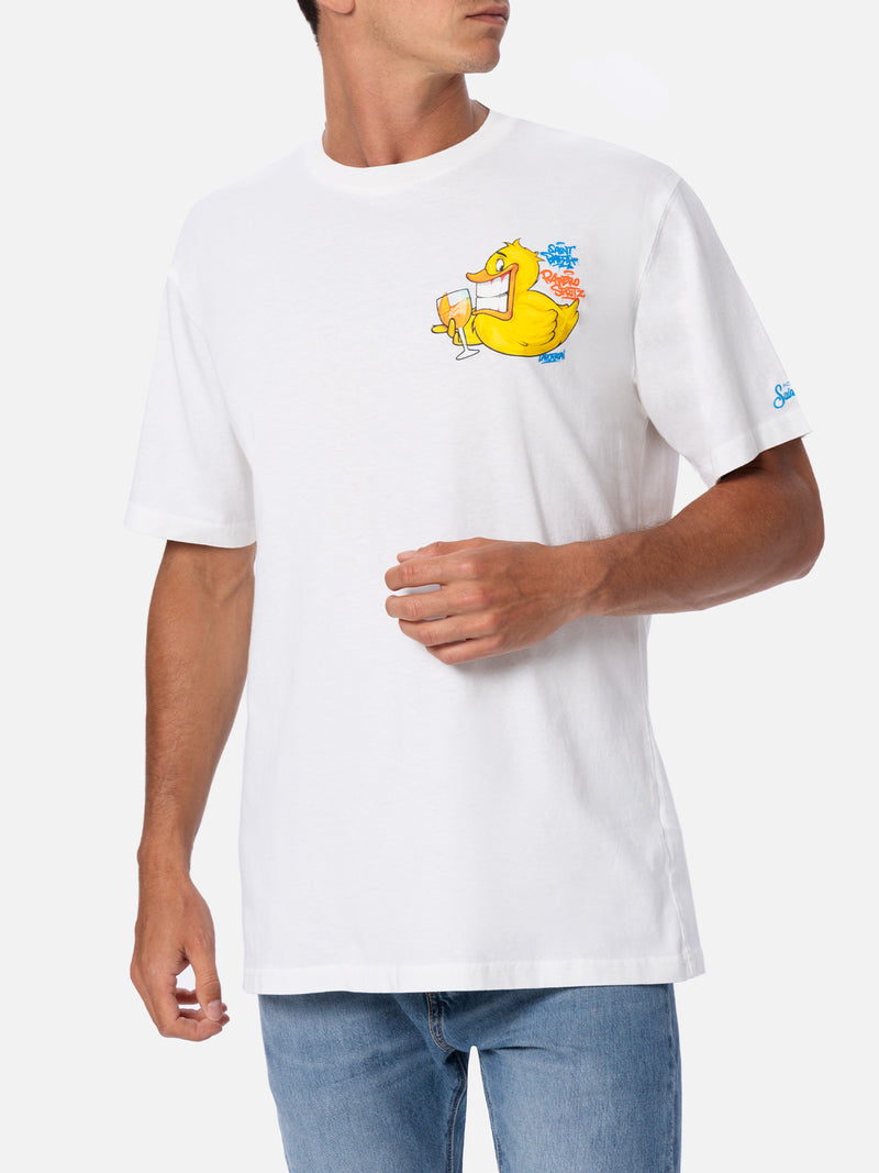 Man cotton t-shirt with Cryptopuppets Ducky Aperitif front and back placed print | CRYPTOPUPPETS SPECIAL EDITION