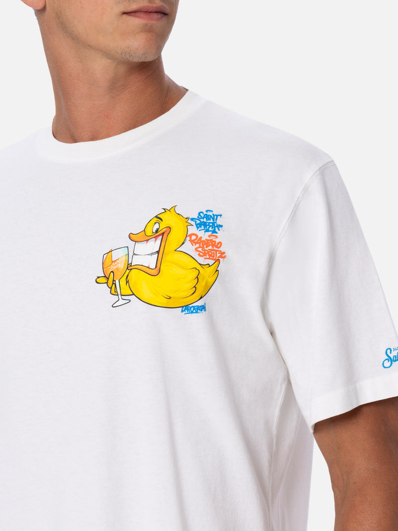 Man cotton t-shirt with Cryptopuppets Ducky Aperitif front and back placed print | CRYPTOPUPPETS SPECIAL EDITION