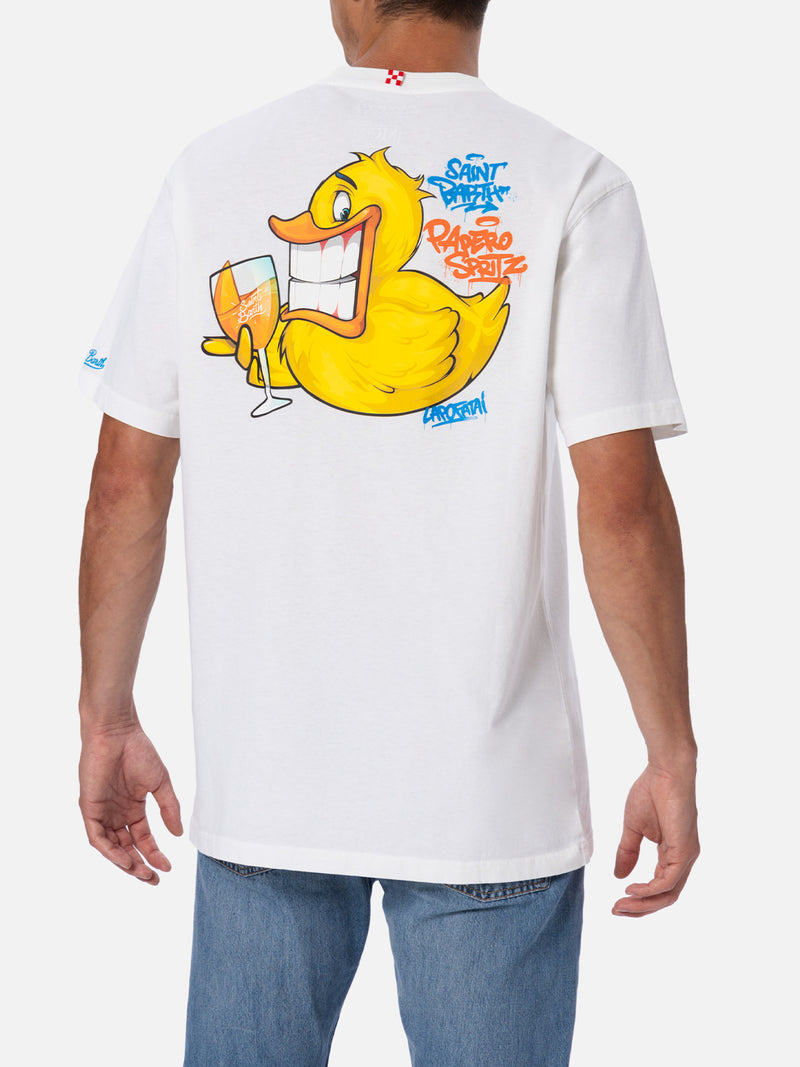 T-shirt da uomo in cotone con stampa piazzata fronte e retro Cryptopuppets Ducky Aperitif | EDIZIONE SPECIALE CRYPTOPUPPETS