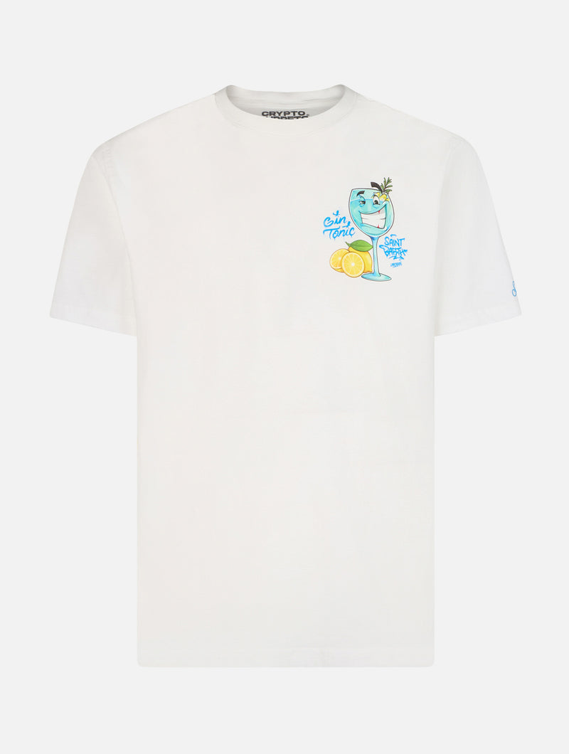 Man cotton t-shirt with Cryptopuppets Gin Tonic front and back placed print | CRYPTOPUPPETS SPECIAL EDITION