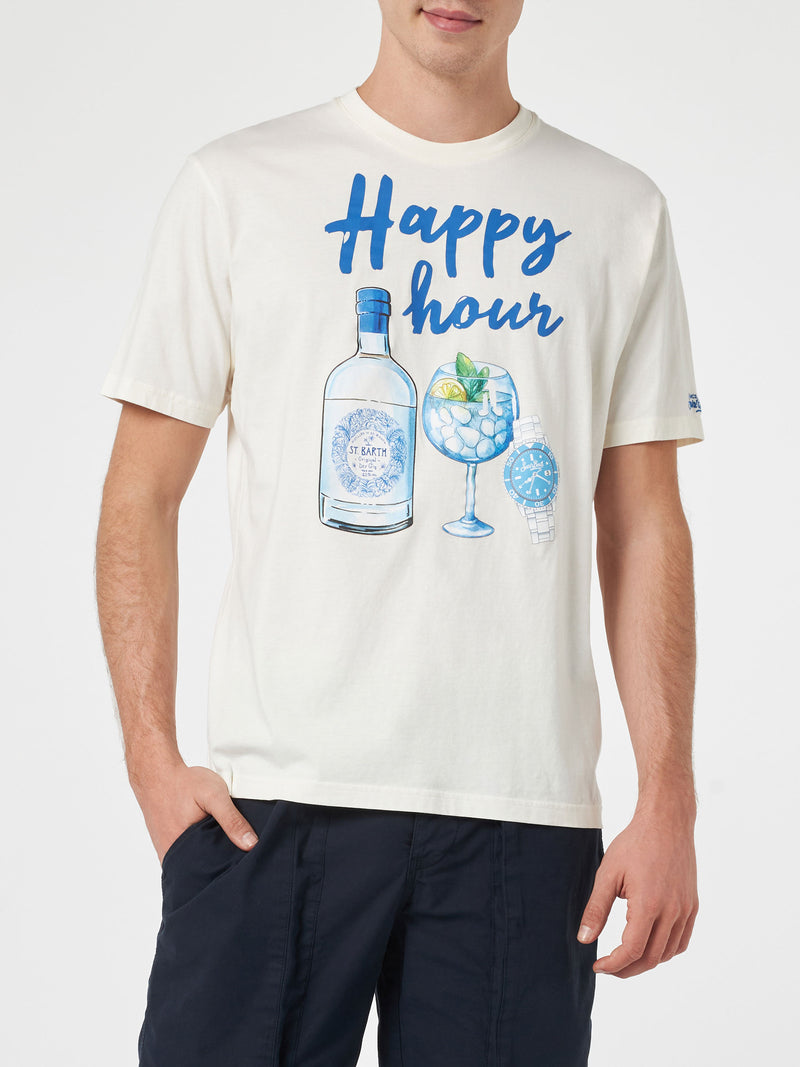 Herren-T-Shirt aus Baumwolle mit platziertem Happy Hour-Aufdruck