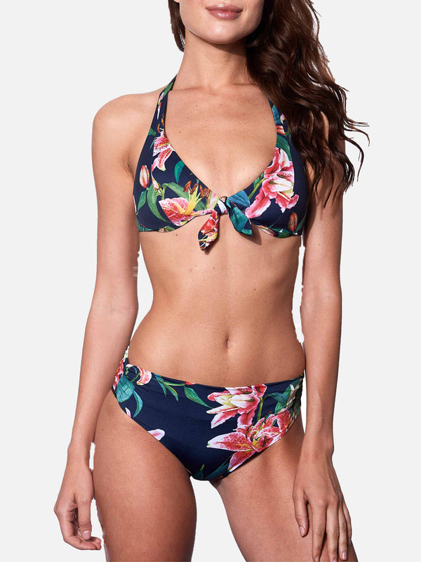 Blue tropical print bikini with triangle top