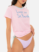 Woman striped t-shirt with Lost in St. Barth embroidery