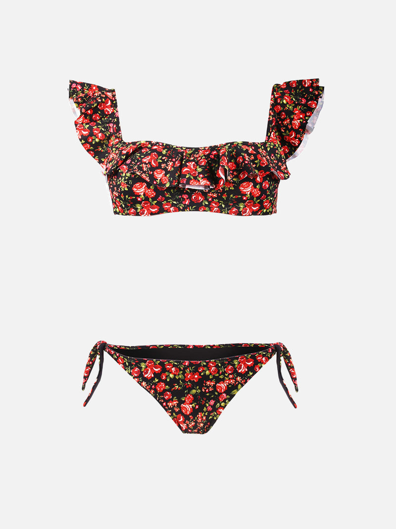 Bikini a fascia con volant stampa fiori