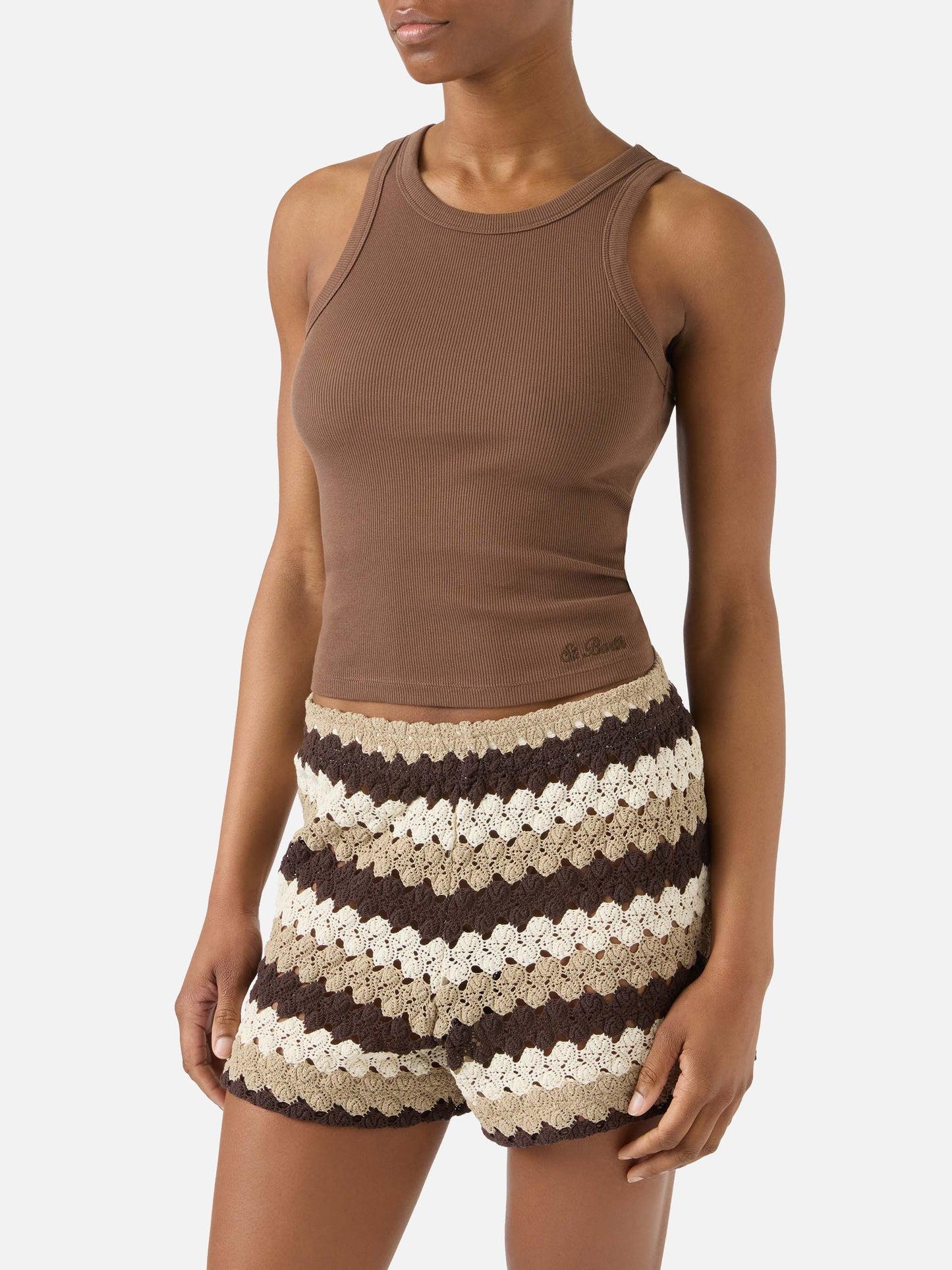 Brown ribbed Ada tank top with embroidery