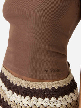 Brown ribbed Ada tank top with embroidery