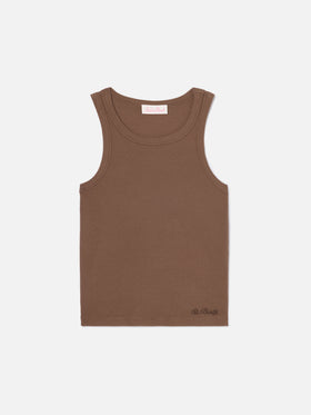 Brown ribbed Ada tank top with embroidery