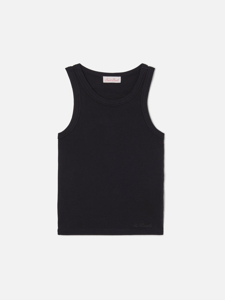 Camiseta de tirantes Ada acanalada negra con bordado 