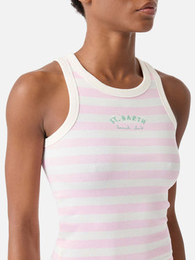 Camiseta de tirantes Ada de rayas rosas con bordado beach club 