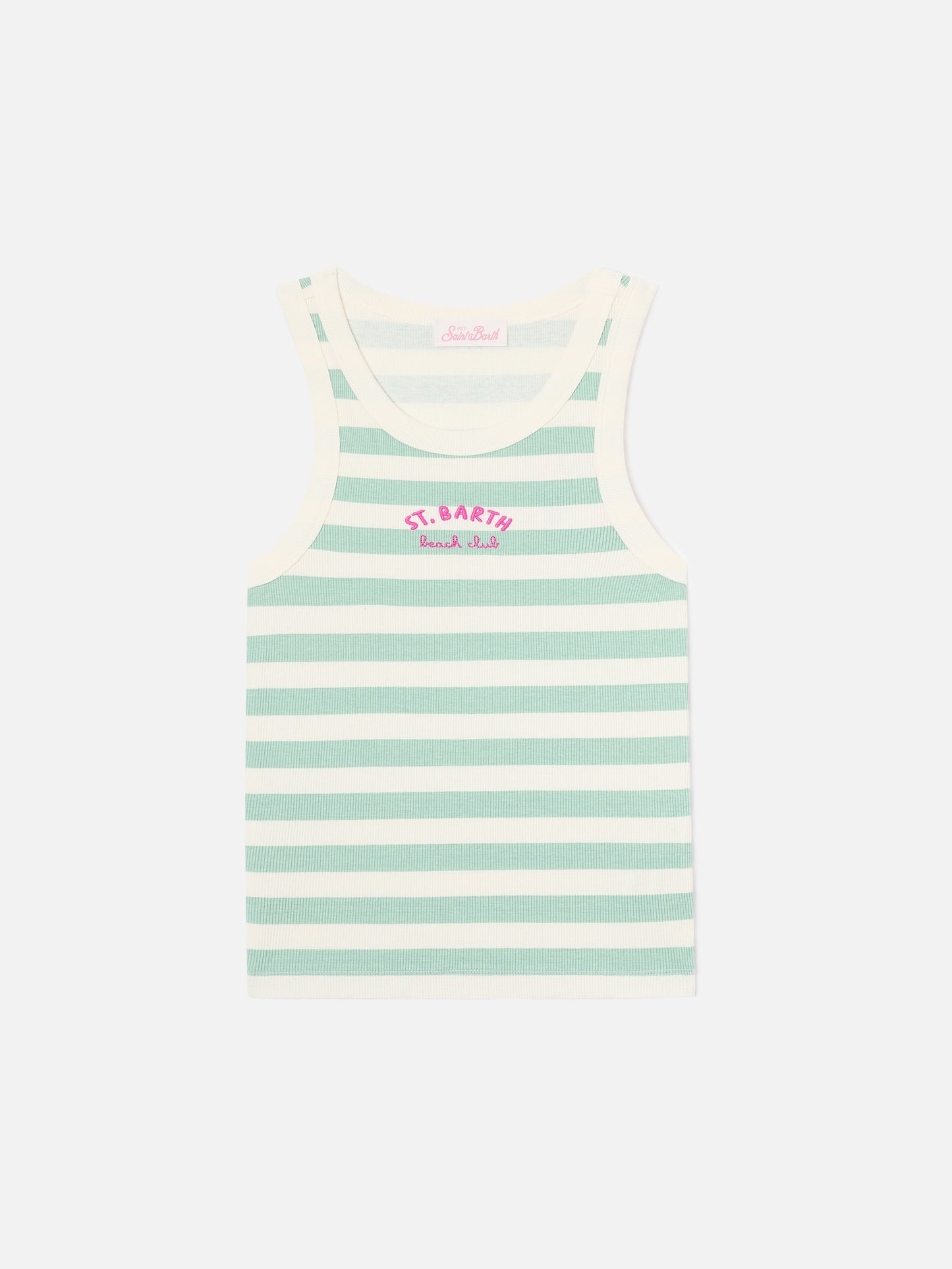 Gestreiftes Ada Tanktop in Salbeigrün mit Beach Club-Stickerei 