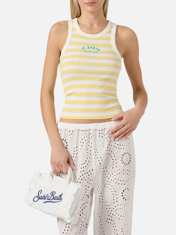 Yellow striped Ada tank top with Beach Club embroidery