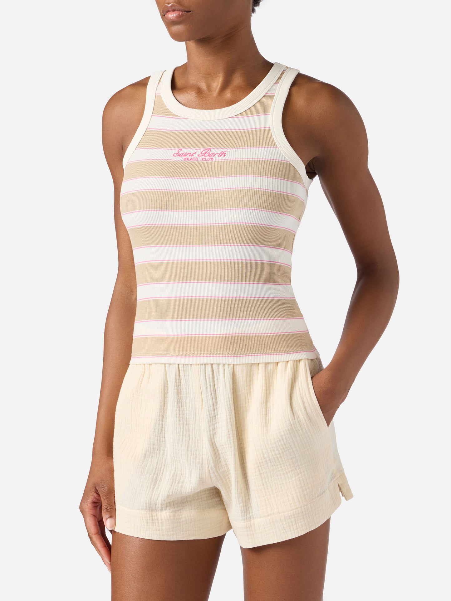 Top de tirantes Ada de rayas beige con bordado beach club 