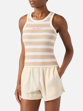 Top de tirantes Ada de rayas beige con bordado beach club 