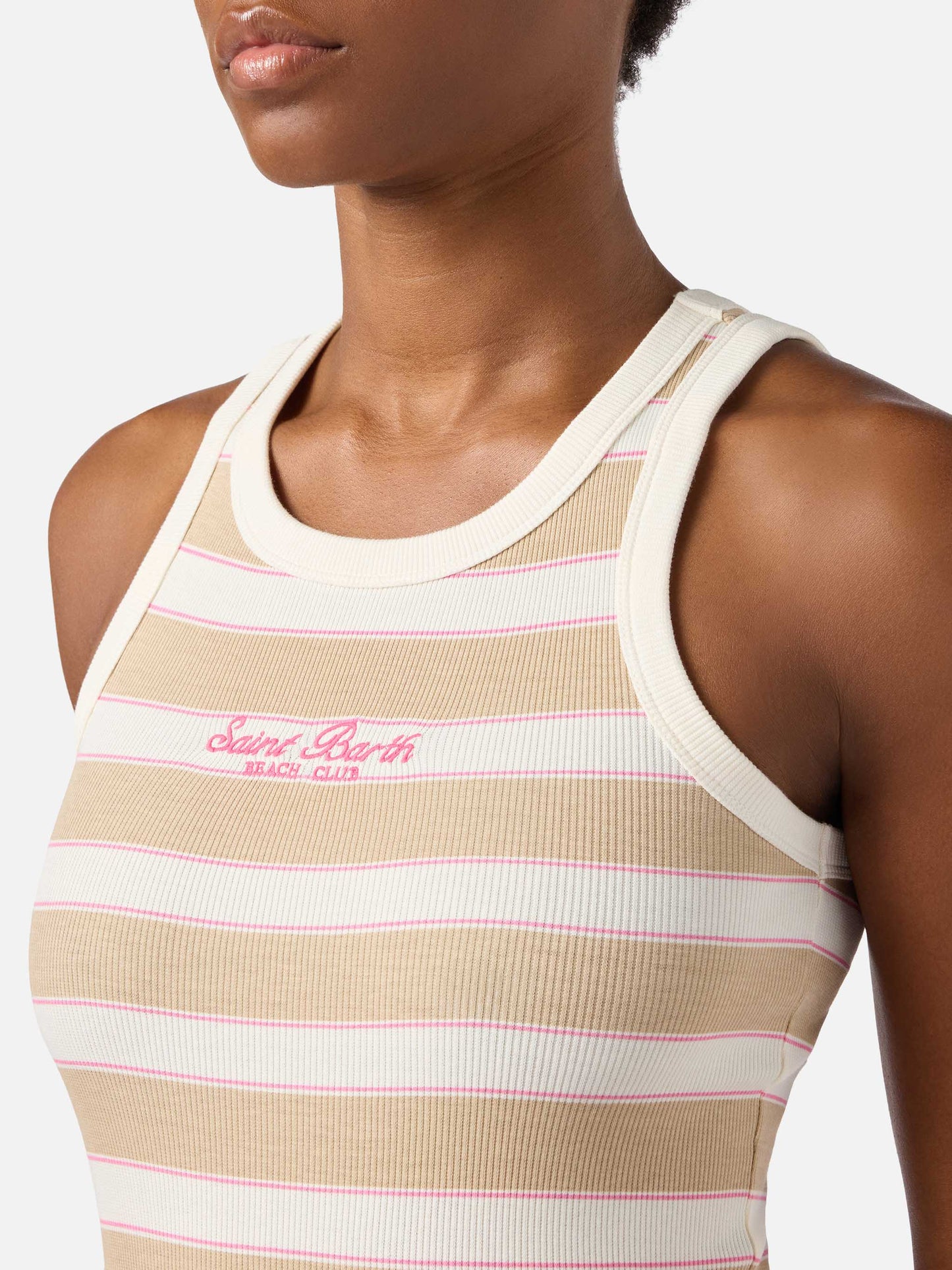 Top de tirantes Ada de rayas beige con bordado beach club 