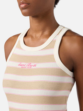 Top de tirantes Ada de rayas beige con bordado beach club 