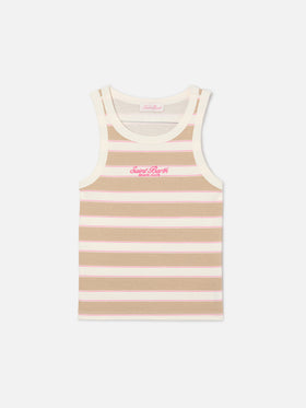 Top de tirantes Ada de rayas beige con bordado beach club 
