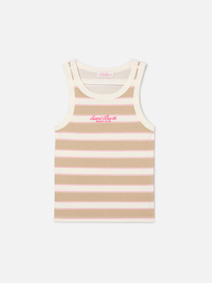 Blue Jr Tank-Top with beige and pink stripes and embroidered logo