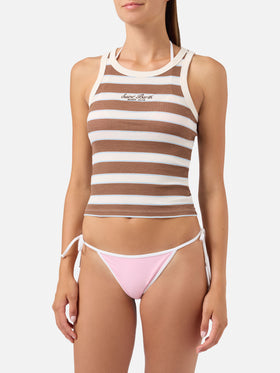 Top de tirantes Ada de rayas marrones con bordado beach club 