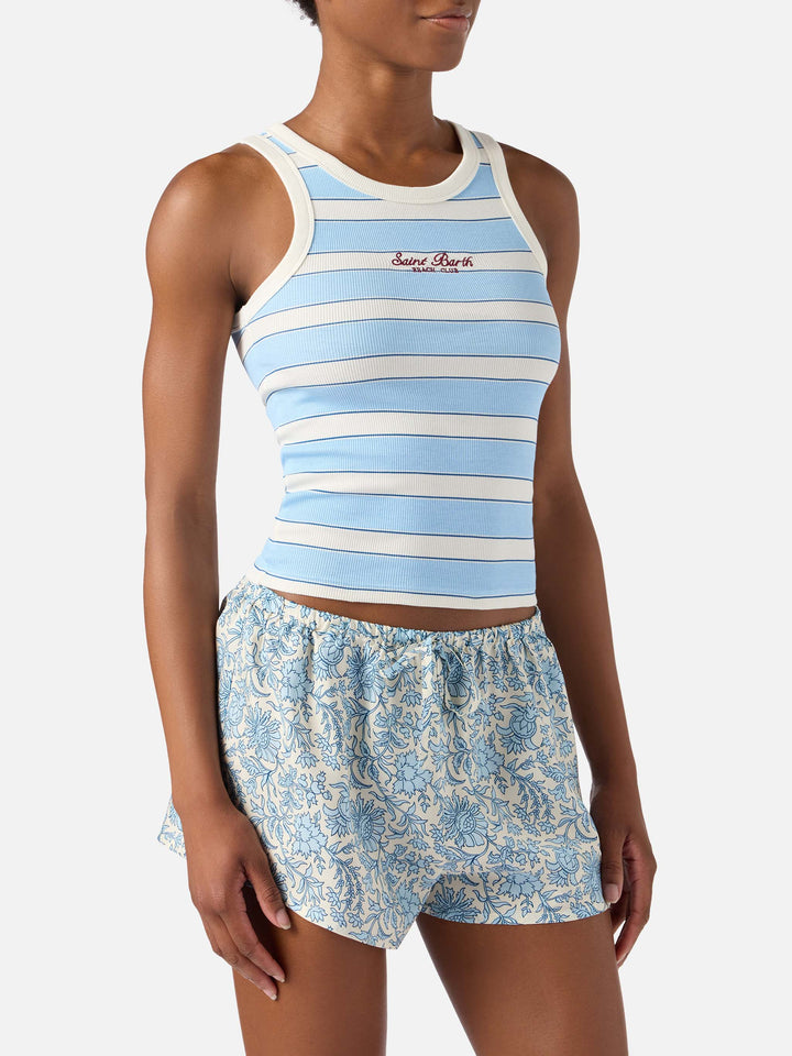 Débardeur Ada à rayures bleu clair avec broderie beach club 