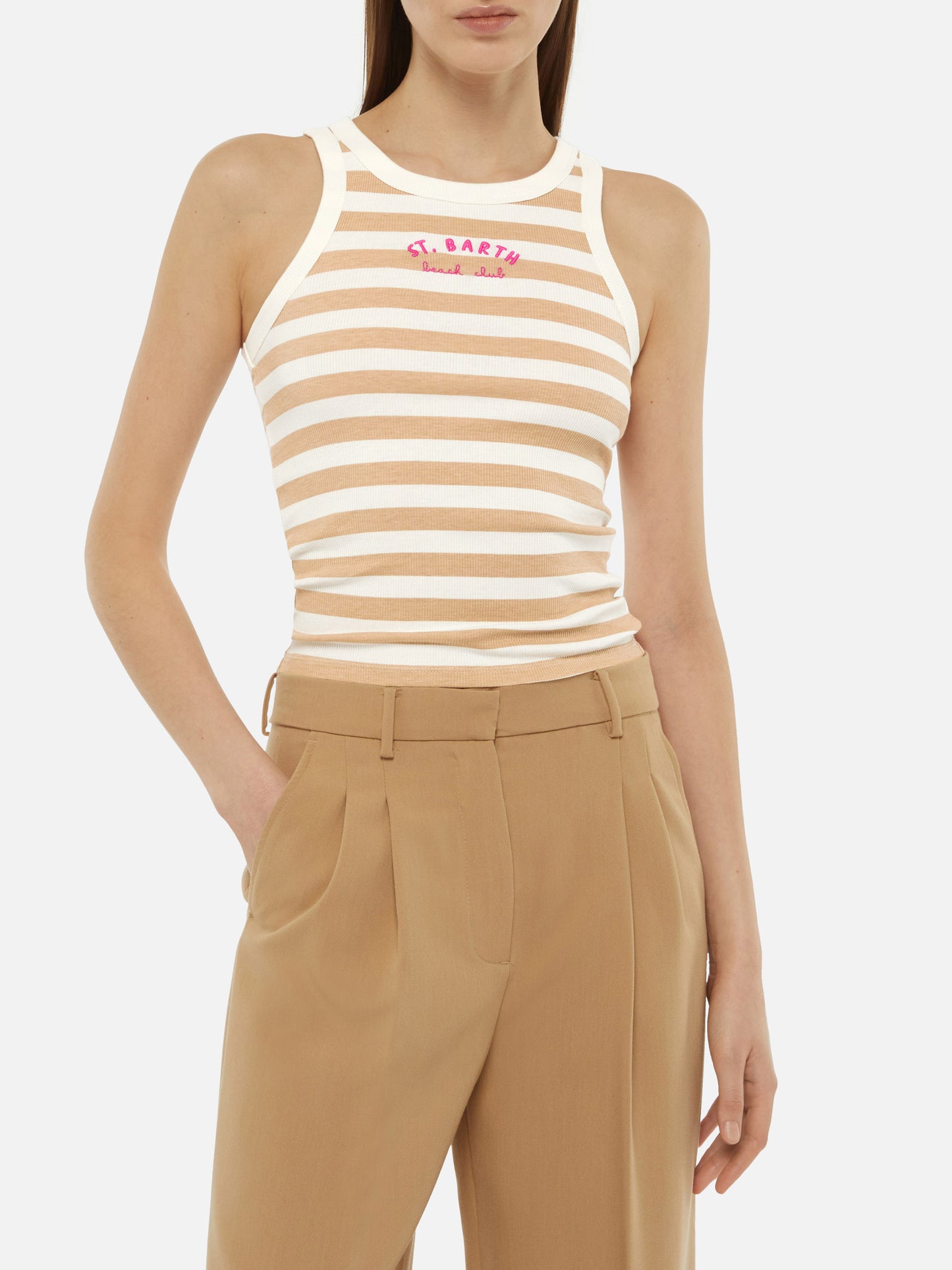 Ada canotta in cotone a coste a righe beige