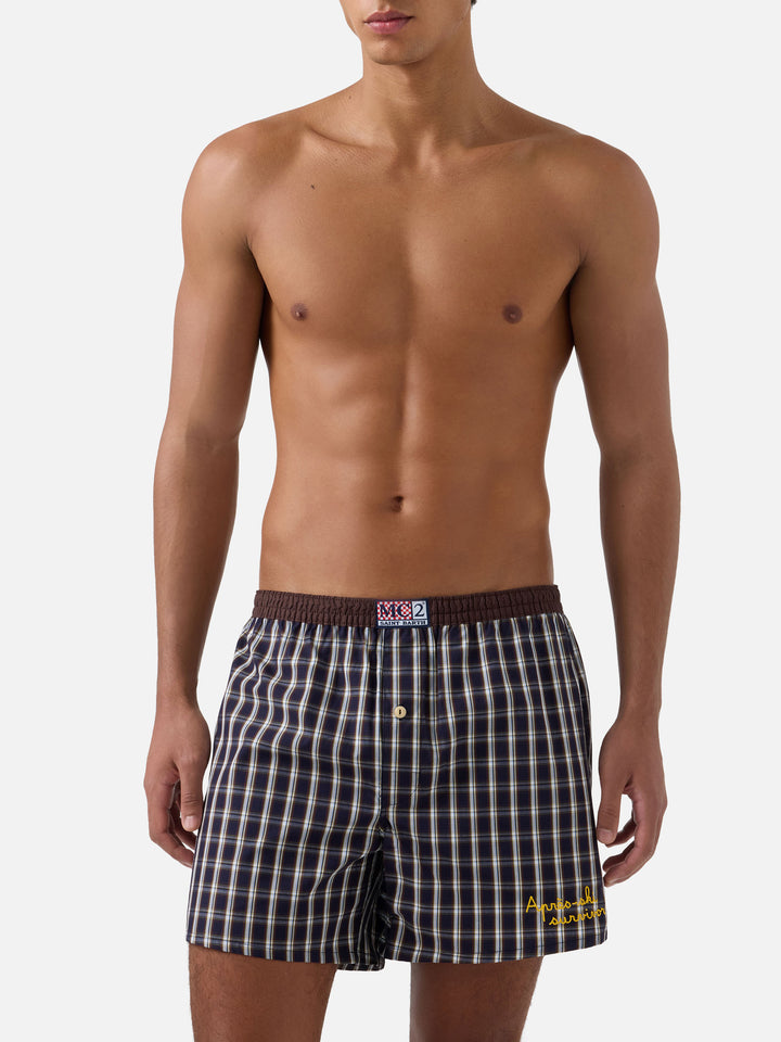 Navy blue Adam cotton boxer with tartan print