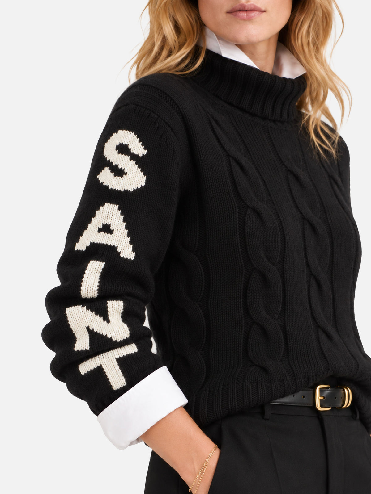 Maglione Adler a collo alto intrecciato nero con jacquard Saint Barth