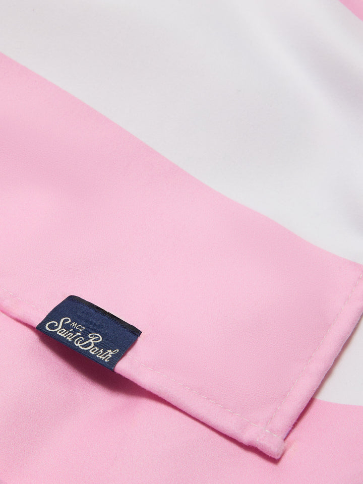 Aidan beach towel with pink and white stripes and logo