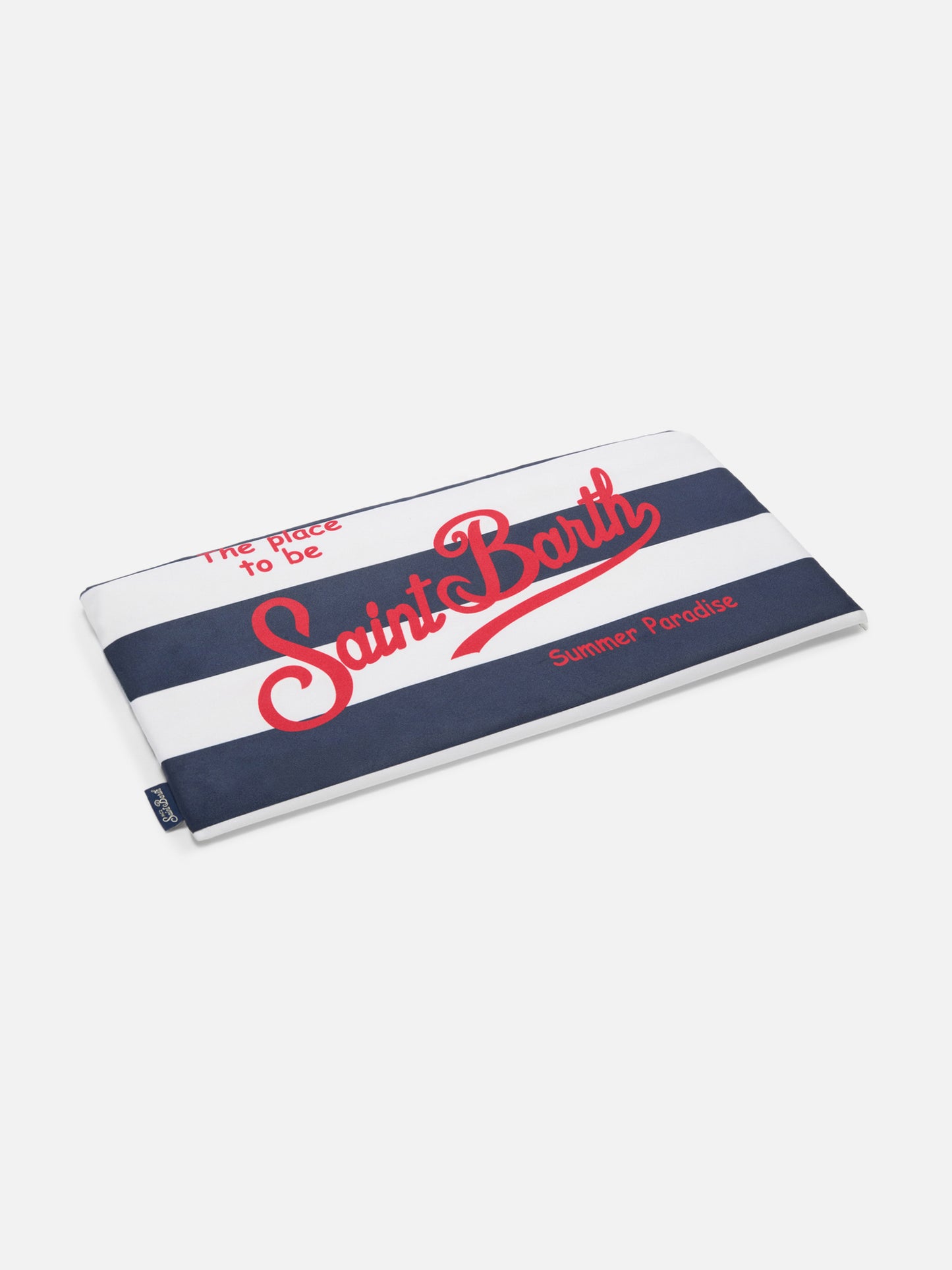 Aidan beach towel with blue and white stripes and logo